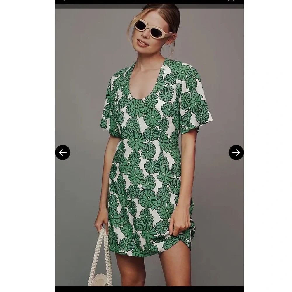 Porridge Clothing Green Floral Linen Blend Mini Dress Short Sleeve Small Retro - Picture 3 of 12